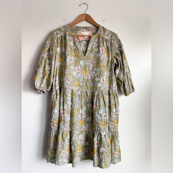 Cynthia Rowley Linen Babydoll Dress Puff Sleeves Floral Boho Green Pink Resort M - Picture 3 of 11